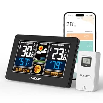 Raddy N75 Wi-Fi Weather Station, 7.5" Wireless Indoor/Outdoor Thermometer, Home Weather Thermometer with APP Control, Network Time, Weather Forecast, Frost Alert, Adjustable Brightness