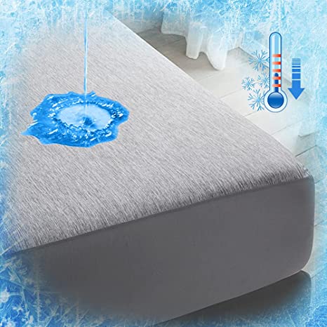 LUXEAR Cooling Sheet - Waterproof Mattress Protector with Arc-Chill Cooling Fiber and TPU Waterproof Layer - All Around Elastic, Deep Pocket up to 18’’,Wrinkle and Fade Resistant - Gray