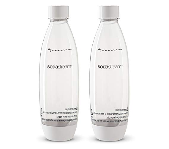 2 pack original Sodastream Source white carbonating reusable water bottles 1 liter BPA-free / fits only - Play, Splash, Source, Power, Spirit and Fizzi soda makers