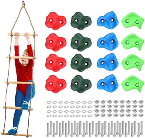 Odoland 16 Rock Climbing Holds for Kids with Climbing Rope Ladder and 32 Mounting Bolts - Climbing Grips DIY Rock Stone Wall Rock Climbing Holds Set Design for Children and Kid