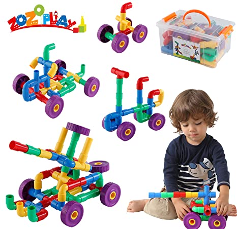 ZoZoplay STEM Learning Toy Tubular Pipes & Spouts & Joints 64 Piece Build Bicycle, Tank, Scootie, Moter Skills Endless Designs Educational Building Blocks Set for Kids Ages 3 , Multicolor