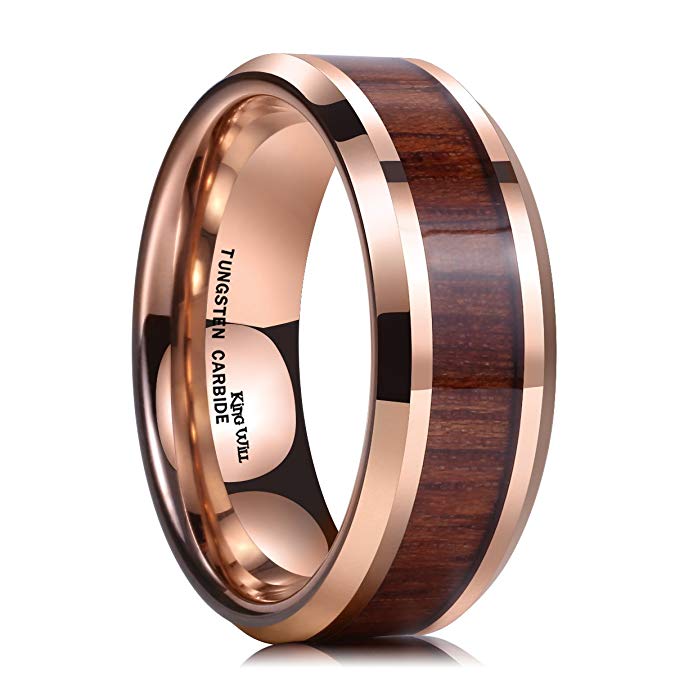 King Will Nature Koa Wood Inlay Tungsten Carbide Wedding Ring 8mm Rose Gold/Blue/Black/Silver High Polished Comfort Fit