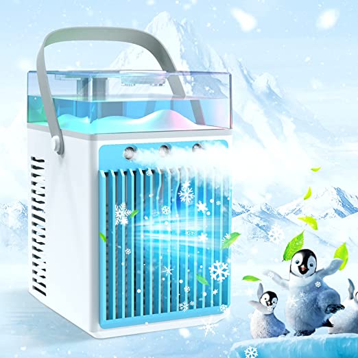 Portable Air Conditioners, 4 in 1 Air Cooler Fan Rechargeable Mini Air Conditioner Cooler Humidifier with LED,3 Speeds Mini AC Evaporative Personal Air Conditioner Cooling Fan for Office Tent Outdoor