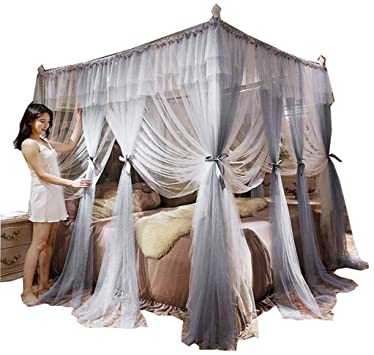 Obokidly Princess 4 Corners Post Canopy Mosquito Net，Bed Canopy Romantic Mosquito Net for King Queen Full Twin Size Bed (Grey, Full)