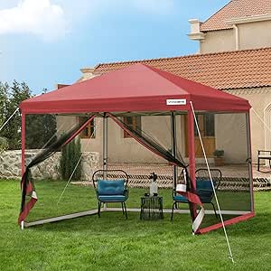 VIVOHOME 10x10ft Easy Pop-Up Canopy, Outdoor Screen Tent with Mosquito Netting, 2 Zipper Doors, and Roller Bag for Yard Camping Picnic Party Events, Red