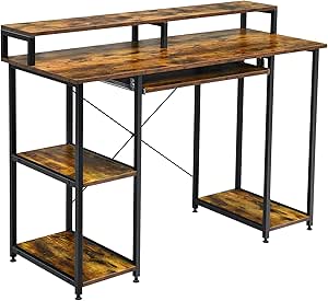 COSTWAY Computer Desk, 47’’ Home Office Table with hutch, Book Shelves, Pull-out Keyboard Tray, Monitor Stand, Industrial Writing Laptop Desk, for Workstation, Rustic Brown