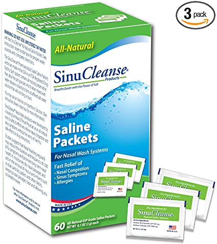 SinuCleanse All-Natural, Pre-Mixed Saline Packet Refills - Pharmaceutical Grade, Buffered Salt Mix for Nasal Wash Systems - 60 Count