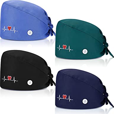 SATINIOR 4 Pieces Working Cap with Buttons, Unisex Bouffant Working Hat with Adjustable Sweatband