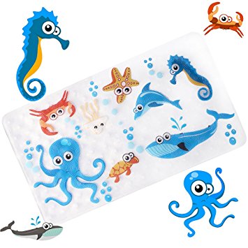 WARRAH NONE-SLIP Tub Kids Bath Mat - Premium Square Anti-Slip Shower Mat,Cool Slip Resistant Bathroom Floor Bathtub Mats for Babies,Children,Toddler (Blue Octopus)