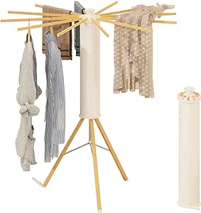 Tripod Drying Rack Portable, Foldable Drying Rack Clothing with 12 Wood Drying Arms, Standing Laundry Hanger Rack Round Collapsible & Portable Handle for Laundry Room, Balcony, Bedroom, RV