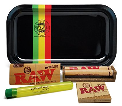 Bundle - 5 Items - RAW King Size Supreme, 110 Roller and Pre-rolled Tips with Rolling Paper Depot Rolling Tray (Rasta Racer) and Doobtube