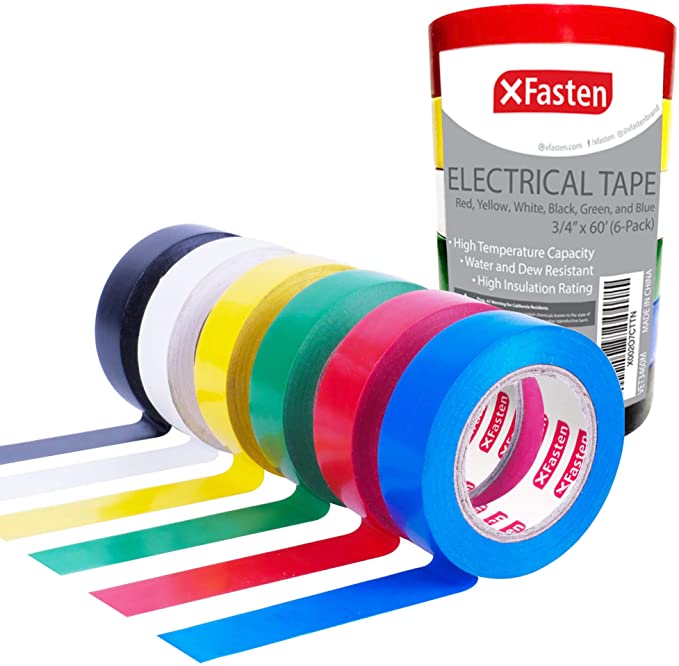 XFasten Vinyl Multi-Colored Electrical Tape Assortment Value Pack, 3/4-Inch x 60-Foot (7 mil), Multicolor (6-Pack) Colored Electrical Tape for Identification | Flame Retardant and Waterproof