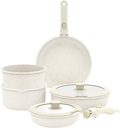 CAROTE 9 Piece Nonstick Cookware Sets, Granite Non Stick Pots and Pans Set with Removable Handle Cookware, RV Cookware for Campers, Suitable for All Stoves, Dishwasher/Oven Safe (White, 9 Pieces)