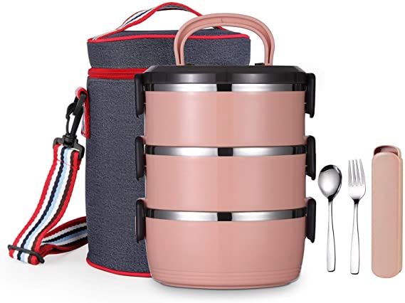 YBOBK HOME Bento Lunch Box, Stackable Insulated Leak Proof Stainless Steel Metal Portable Cylinder All-in-one Lunch Container with Lunch Bag and Spoon and Fork for Adults (Coral Red)