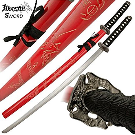 Samurai Katana Dragon Sword with Engraved Wooden Scabbard and Pommel