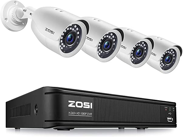 ZOSI H.265  Full 1080p Home Security Camera System Outdoor Indoor, 5MP-Lite CCTV DVR 8 Channel and 4 x 1080p (2MP) Day Night Vision Weatherproof Surveillance Bullet Camera, Motion Alerts (No HDD)