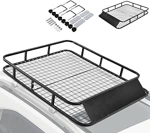 COSTWAY 123x102x14cm Roof Rack Basket, Steel Rooftop Cargo Carrier Tray with Wind Shield and 4 U-shaped Bolts, Universal Car Top Luggage Holder for SUV Truck Cars, 75kg Capacity