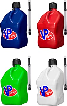 VP Racing Fuel 5.5 Gallon Racing Utility Jug Multicolor Bundle 4 Pack by Louisiana Pantry (4 Deluxe Hoses Included, Blue, Red, Green, and White)