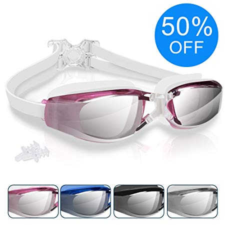 arteesol Swim Goggles Anti Fog Crystal Clear 180° Panoramic Vision Swimmiing Goggles Mirrored with 100% UV Protective Coating with Protective Case and Earplug for Adults（6 Colors