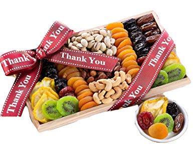 Thank You - Dried Fruit and Nut Collection in Reusable Keepsake Wood Tray Keto Friendly Low Carb Protein Packed Freshly Roasted Nuts Cashews Pistachios Almonds Sweet Fruit Thank You Ribbon