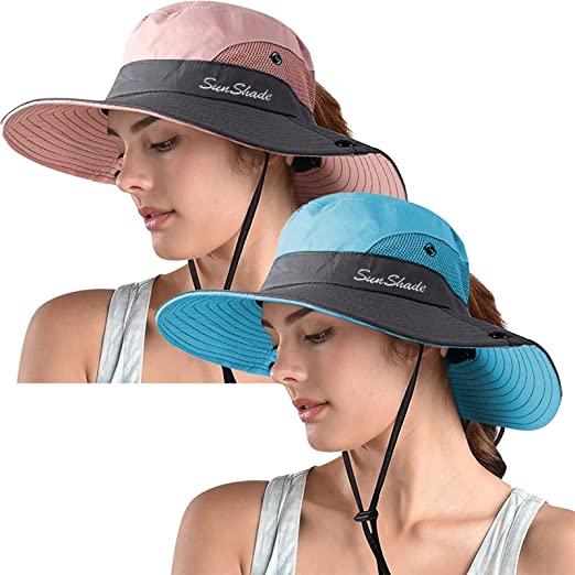 ZOORON 2 Pack Women's Ponytail Safari Sun Hat,Wide Brim UV Protection Outdoor Bucket Hat,Foldable Beach Summer Fishing Hat