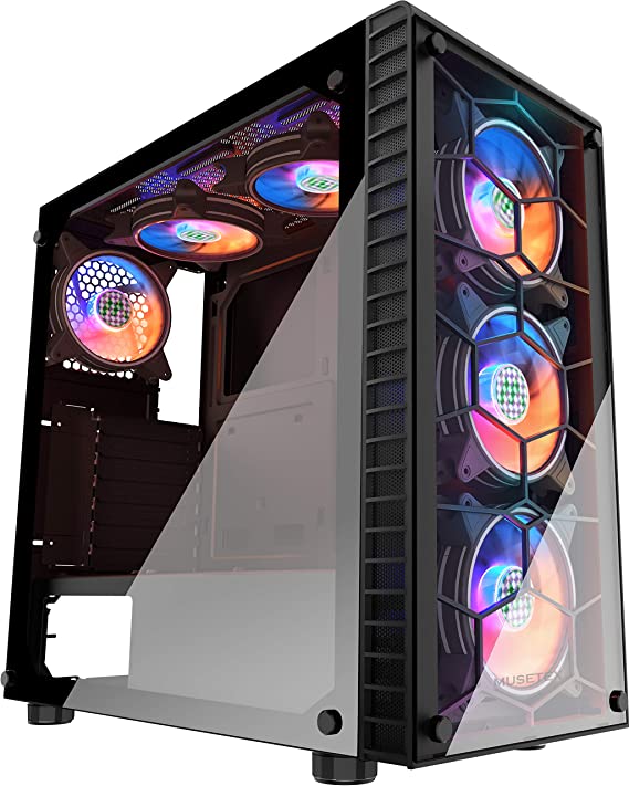 MUSETEX 6 PCS RGB Fans USB 3.0 Port ATX Mid-Tower Computer Gaming Case with Tempered Glass PC Case Computer Chassis (G05-N6)