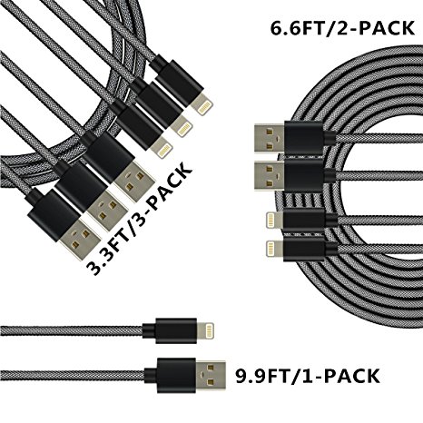 [ 6-Pack ] originAIM High Speed Nylon Braided USB to Lightning Charging Cables (3FT3, 6FT2, 10FT1) (Black)