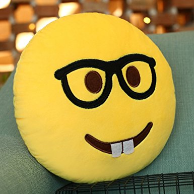 Emoji Pillow Geeky Glasses and Teeth Cushion, Purple-Salt® - Emoticon Cute Soft Stuffed Comfortable Plush Smiley Cushion Pillow, 28cm/12 Inches Yellow Round Thick, Colourful Novelty Gift