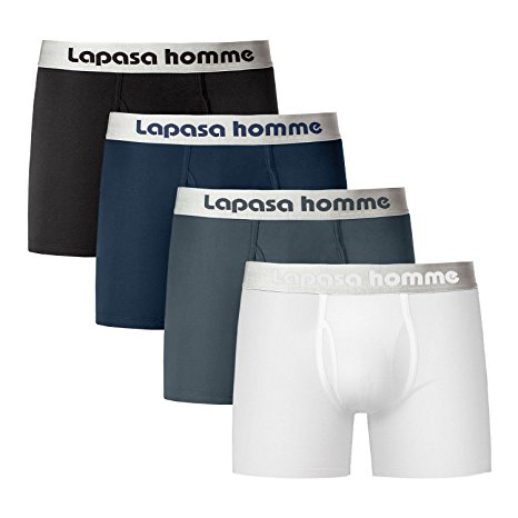 Lapasa Men's 4-Pack Boxer Briefs Premium Cotton SHRINK RESISTANT Pouch Trunks Fly-Front Boxer Briefs M03