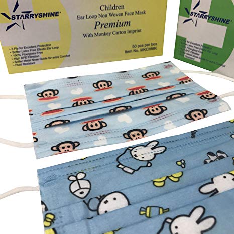 100 PCS (2 BX) 3-Ply Premium Children Cute Cartoon Print Design Earloop Face Masks, Medical Grade with Bacterial Filtration Efficiency (BFE) Rating Over 99% (Monkey & Rabbit)