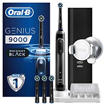 Oral-B Genius 9000 CrossAction Electric Toothbrush Rechargeable Powered By Braun, 1 Midnight Black Connected Handle, 4  Black Toothbrush Heads, 1 USB Travel Case, 2 Pin UK Plug