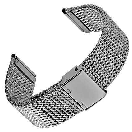 Geckota Stainless Steel Watch Band Oblique Milanese Mesh Silver, Polished Buckle, 18, 20, 22mm