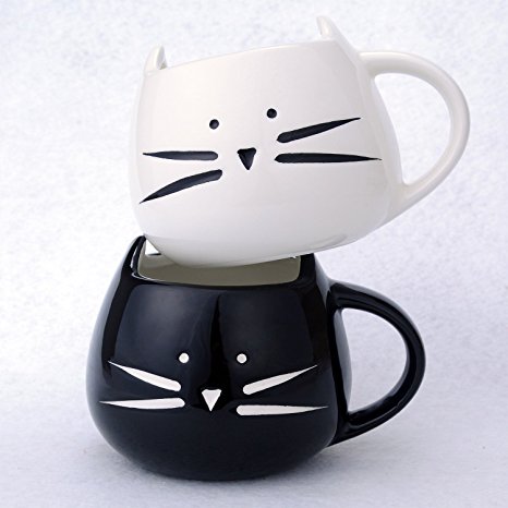 2 Pack,Ilyever Funny Cute Little Cat Coffee Tea Milk Ceramic Gift Mug Cup,white black