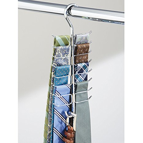 mDesign Belt Holder and Tie Holder - Vertical Tie and Belt Rack with 17 Hooks - Belt and Tie Hanger for Wardrobes - Chrome