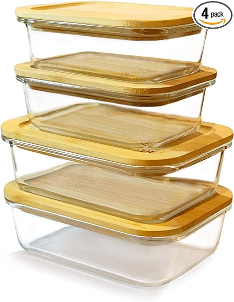 DE Glass Food Storage Containers with Bamboo Lids (4 Pack, 2 x 640ML & 2 x 1040ML) Eco Friendly Meal Prep Containers Reusable – Airtight, Plastic Free, BPA Free
