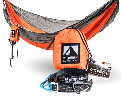 Outpost Camping Hammock With Adjustable LiteSpeed Cinch Buckle Suspension System- Includes 11' 100% Polyester Tree Straps, Wire Gate Carabiners- Single or Double Size- 100% Ripstop Parachute Nylon