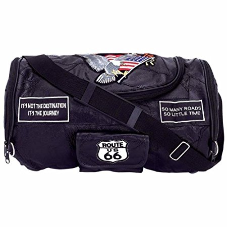 Diamond Plate Rock Design Genuine Buffalo Leather Motorcycle Barrel Bag with Patches