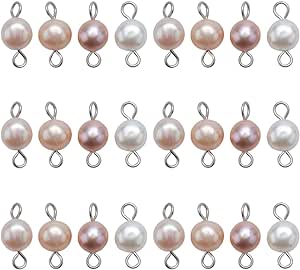 SUNNYCLUE 1 Box 30Pcs Pearl Connectors Natural Pearl Connector Beads Round Stainless Steel Linking Connector Charm Double Loop Cultured Baroque Pearl Bead Charms for Jewelry Making Charms DIY Crafts