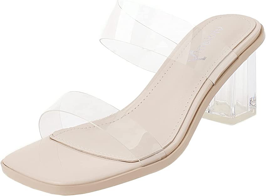 vivianly Womens Clear Heels Sandals Transparent Chunky Heels Backless Open Toe Slip on Mules Heeled Slipper Dress Shoes