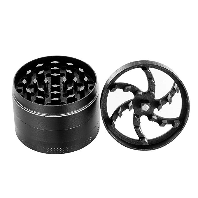 Herb Grinder,TOPELEK 2-inch Herb Grinder with a Scraper,4-Layer 3-Chamber Design,Hollow-Out Style Lid,Powerful Magnetic Lid,Razor-Sharp Teeth,Zinc Alloy Material Made,Portable,Black