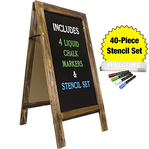 Large Sturdy Handcrafted 40" x 20" Wooden A-Frame Chalkboard Display / 4 LIQUID CHALK MARKERS & STENCIL SET / Sidewalk Chalkboard Sign Sandwich Board / Chalk Board Standing Sign (Rustic)