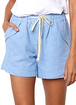 Dokotoo Womens Casual Drawstring Elastic Waist Comfy Cotton Linen Shorts