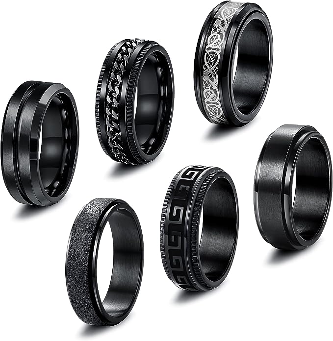 FIBO STEEL 6Pcs Black Spinner Rings for Men Women Fidget Rings Cool Chain Inlaid Greek Key Rings Stainless Steel Stress Relieving 8mm Wide Wedding Promise Band Rings Set Size 6-13