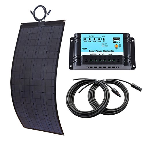 Lensun 100W 12V Black Fiberglass Semi-Flexible Monocrystalline Solar Panel Kit with 10A PWM Solar Charge Controller and Two 5m Cables with MC4 Connetors for 12V Charge Battery