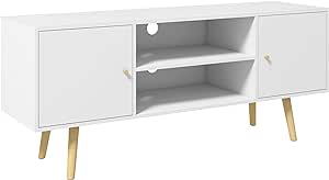 HOMCOM Meuble TV Banc TV Style scandinave 2 Portes 2 niches Pieds en Bois pin Panneaux Blanc - 120 x 34 x 50 cm