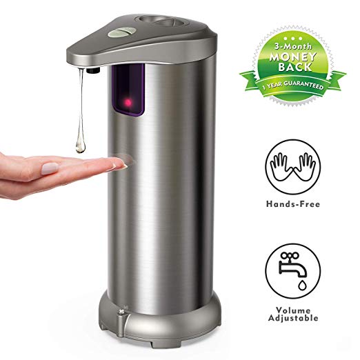 HopingFire Sensor Soap Dispenser, Newest Infrared Automatic Soap Dispenser, Stainless Steel Touchless Auto Hand Soap Dispenser with Waterproof Base (Silver)
