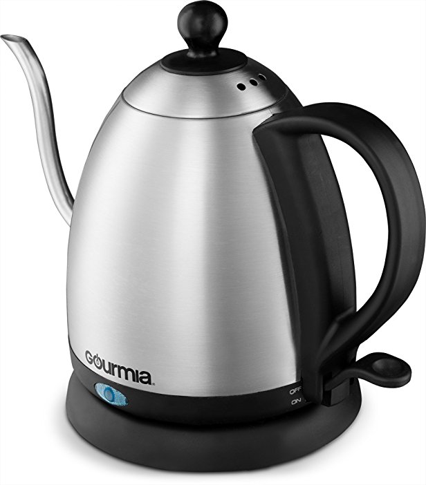 Gourmia GPK390 Electric Kettle - Stainless Steel, Cordless Swivel Picher, Long Gooseneck Spout, Auto Shut Off, Perfect Pour Over Coffee Temperature - 1 Liter