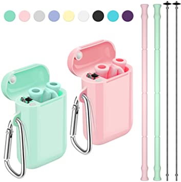 Reusable Straws, Funbiz 2 Pack Portable Silicone Collapsible Straw with Case and Extra Long Cleaning Brush for Kids Adult, BPA Free Foldable Travel Drinking Straws for Smoothie Coffee, Green & Pink