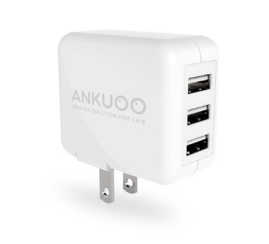 Ankuoo 20W/4A Mini USB Travel Charger (Foldable Plug with 3 Ports) with FREE Mini USB LED Light, White