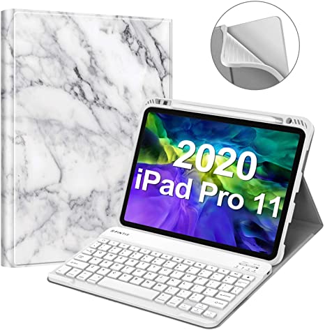 Fintie Keyboard Case for iPad Pro 11" 2020/2018 [Supports 2nd Gen Pencil Charging] - Soft TPU Back Cover with Pencil Holder, Magnetically Detachable Wireless Bluetooth Keyboard, Marble White